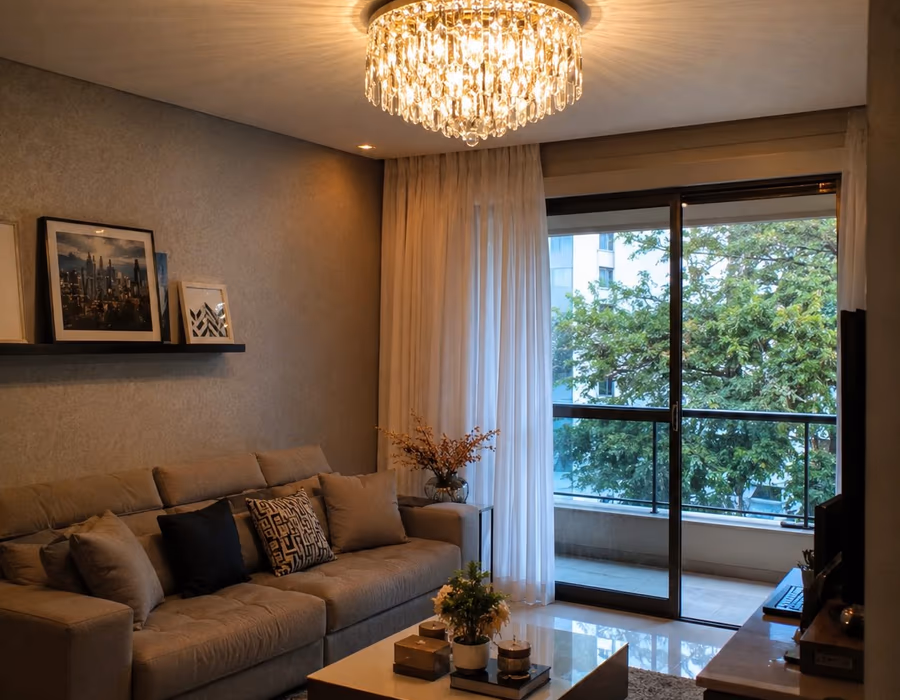 Lustre de cristal instalado em sala de jantar em Blumenau